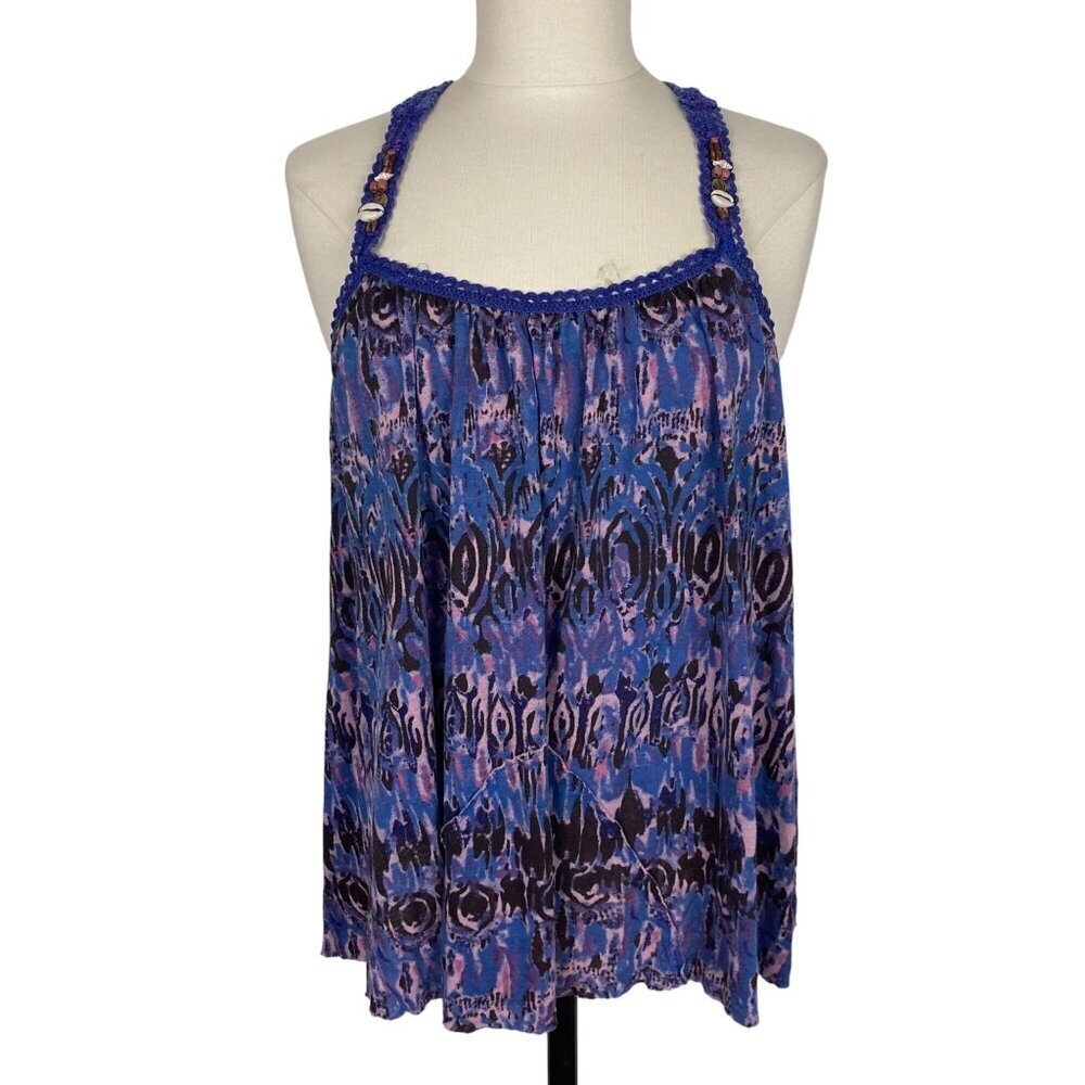 Free People Boho Seashell Tank Top Womens Small Crochet Back Blue Purple